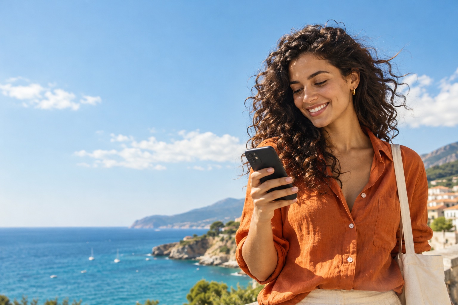 Traveler using a phone by the sea